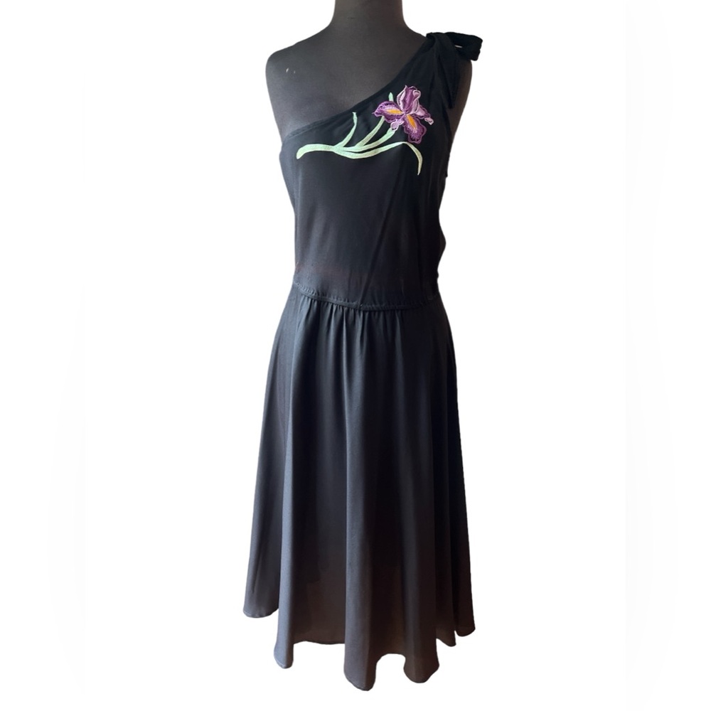 Vtg 70s Floral Embroidered Drop Waist One Shoulder Midi Boho Disco Dress